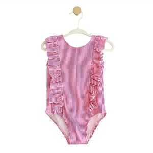 Pink & White Kids One Piece Striped Ruffle Swimsuit, Baby Girl 6-12 Months